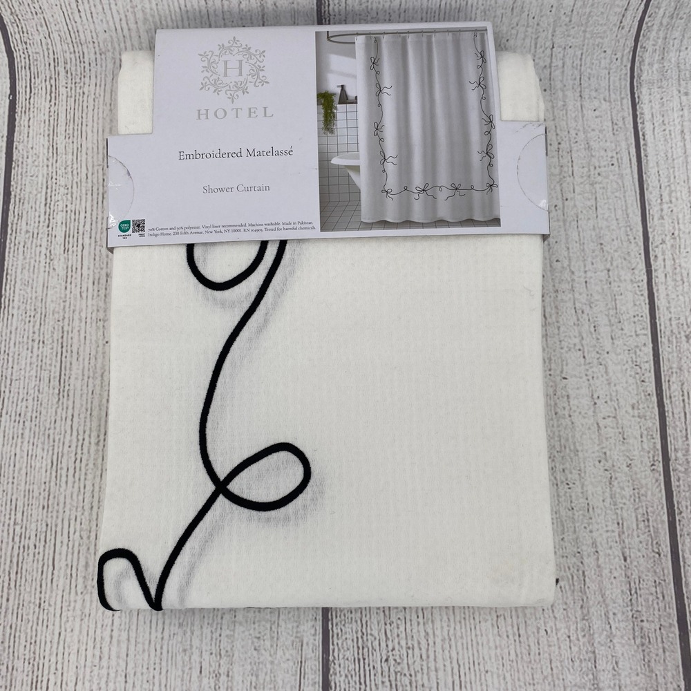 Hotel Shower Curtain White Black Embroidered Matelasse Bow Border Crisp Coquette